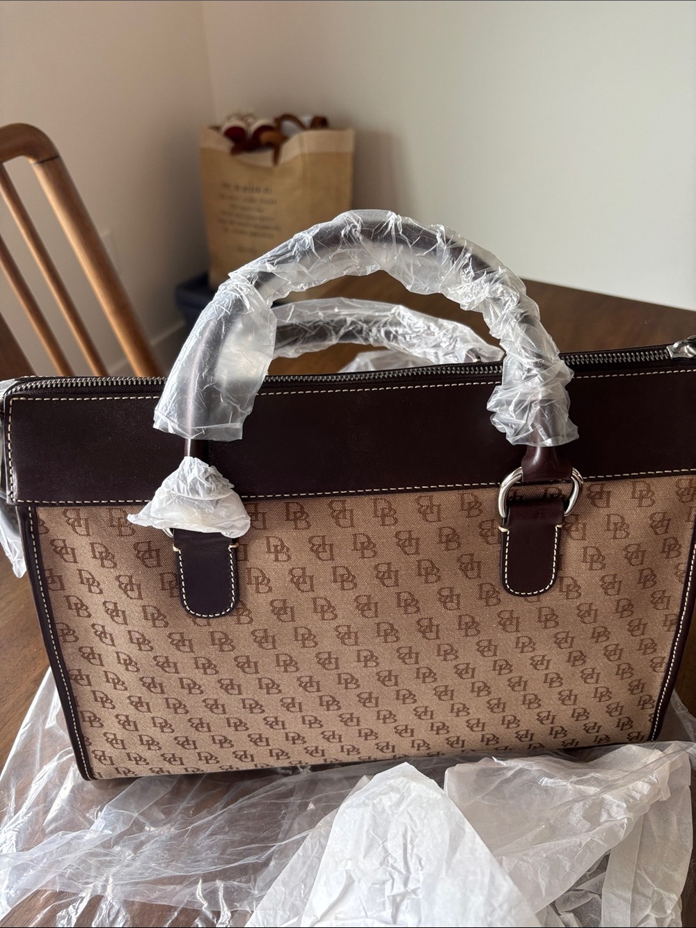 Dooney & Bourke Brown Logo Canvas Dual-Pocket Satchel with Cream Panels - Picture 3 of 3